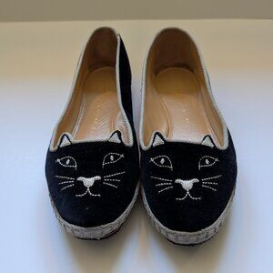 Charlotte Olympia Black Velvet Kitty Slip On Loafers Size 37 (6.5)